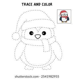 Penguin with hat and scarf coloring pages for kids. Trace and color penguin. Penguin with red hat and scarf isolated on white background. Kindergarten and preschool worksheets printable for kids. 