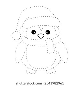 Penguin with hat and scarf coloring pages for kids. Trace and color penguin. Penguin with red hat and scarf isolated on white background. Kindergarten and preschool worksheets printable for kids. 
