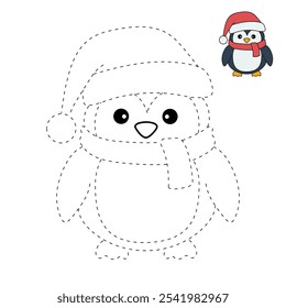 Penguin with hat and scarf coloring pages for kids. Trace and color penguin. Penguin with red hat and scarf isolated on white background. Kindergarten and preschool worksheets printable for kids. 
