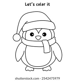 Penguin with hat and scarf coloring pages for kids. Trace and color penguin. Penguin with red hat and scarf isolated on white background. Kindergarten and preschool worksheets printable for kids. 