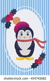penguin in hat and scarf, greeting card, holiday