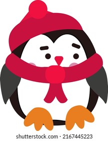 Penguin in a hat and scarf, illustration, vector on a white background.