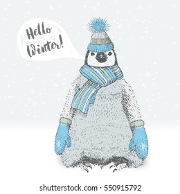 penguin in hat, scarf, mittens. vector. Hello winter. card.