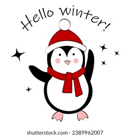 Penguin in hat and scarf on white background