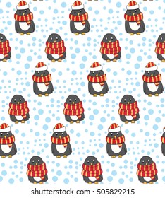 Penguin with hat and scarf. Pinguins pattern. 