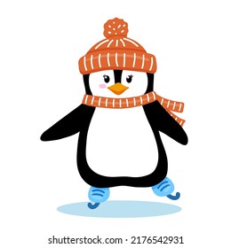 Penguin in hat and scarf skates on ice in winter. Cute penguin skater isolated on white. Childish vector character.