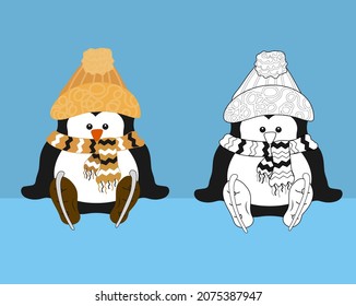 A penguin in a hat, scarf and skates, sitting on the ice. Penguin color illustration and coloring book