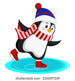Penguin in hat and scarf skating on ice on a white.