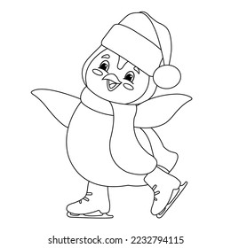 penguin in a hat and scarf skating, winter entertainment, cold, line, sketch 