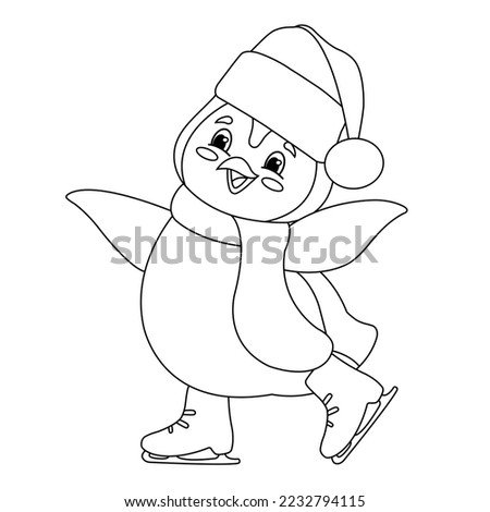 penguin in a hat and scarf skating, winter entertainment, cold, line, sketch 