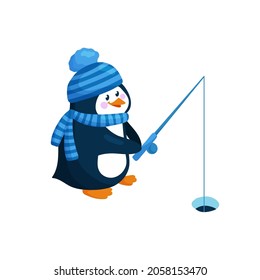 Penguin in hat and scarf in underwater fishing in winter. Cute penguin character with rod is fishing from hole. Winter activity vector illustration isolated on white background