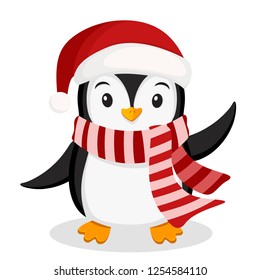 Penguin in a hat and scarf waving flippers on a white.