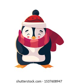 penguin with hat and scarf in white background vector illustration design
