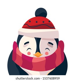 penguin with hat and scarf in white background vector illustration design