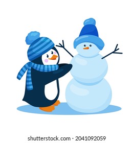 Penguin in a hat and scarfgoes making snowman. Cute penguin on snow is isolated on white background. Childish vector character.