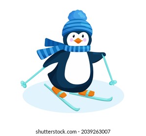 Penguin in a hat and scarfgoes skiing in winter.. Cute penguin on snow is isolated on white background. Childish vector character.