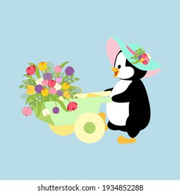 Penguin in hat with spring flowers on the blue background. Vector illustration