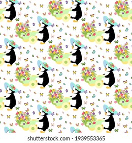 Penguin in hat with spring flowers seamless pattern on the white background. Vector illustration