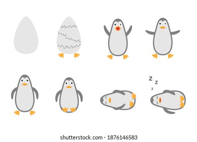 Penguin hatched from an egg. Set -  eggs and birds. Vector illustration.