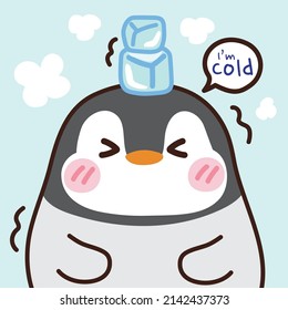 Penguin have ice on head hand drawn on blue background.Cute cartoon character design.Animal.Mascot.Vector illustration.