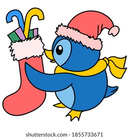 El pingüino está celebrando una fiesta de navidad. ilustración vectorial del dibujo del doodle de dibujos animados