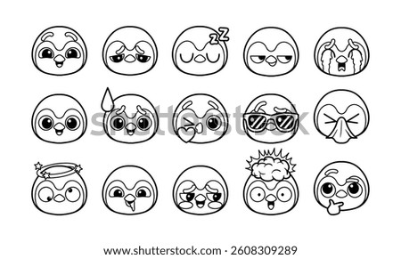 Penguin head emoticon outline vector illustration set