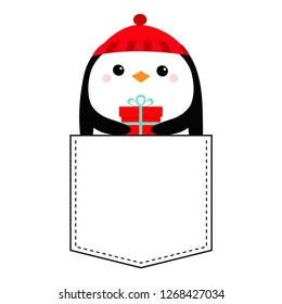 Penguin head face holding gift box. Red hat. T-shirt pocket. Merry Christmas. Happy New Year. Cute cartoon kawaii baby character. Arctic animal. Flat design. Hello winter. White background. Vector