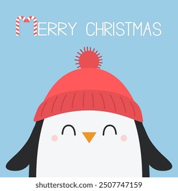 Penguin head face. Red hat. Merry Christmas. Candy cane. Happy New Year. Cute cartoon kawaii baby character. Funny smiling face. Arctic animal. Flat design. Hello winter. Blue background. Vector