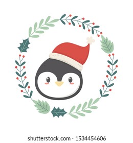 penguin head wreath decoration celebration merry christmas vector illustration