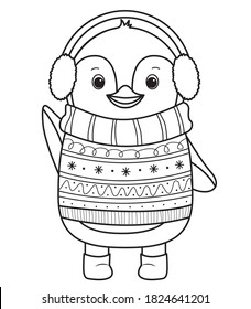 Pingüino con audífonos para colorear libro. Diseño de líneas de arte para niños coloreando página. Ilustración vectorial. Aislado sobre fondo blanco