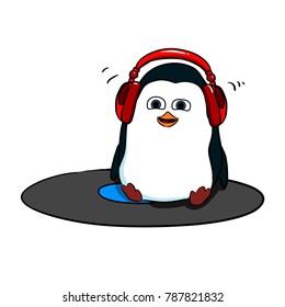 penguin in headphones, riding a vinyl record