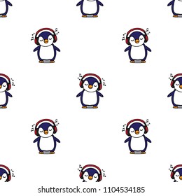 Penguin with headphones seamless pattern, vector illustration