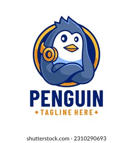 Penguin with Headset Gaming Logo Design