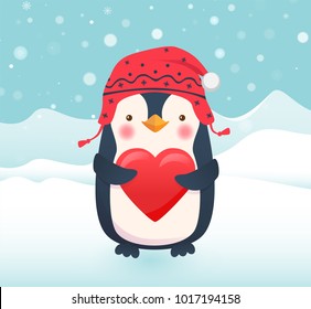 Penguin with heart. Penguin cartoon vector illustration. Cute animal