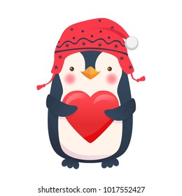 Penguin with heart. Penguin cartoon vector illustration.