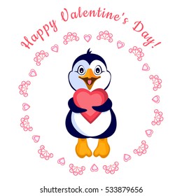 Penguin with a heart in a round frame with the words: happy Valentine's day!