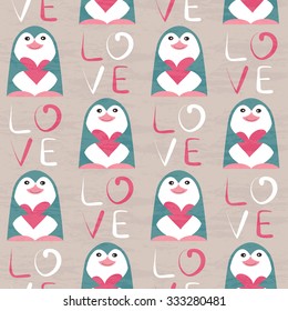 Penguin with heart seamless pattern. Hand drawn design for Valentines Day and Birthday greeting cards, fabric, wrapping paper, invitation, stationery. 