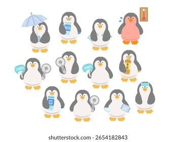 Conjunto de ilustração de prevenção de insolação pinguim 