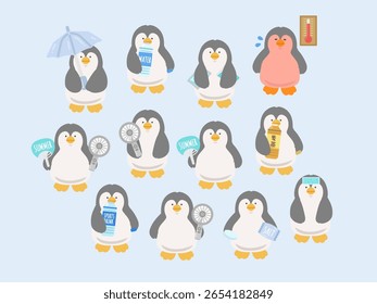 Conjunto de ilustração de prevenção de insolação pinguim 