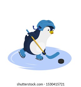 Penguin in helmet playing hockey. Isolated character in cartoon style. Winter sport. Fanny image of arctic bird. Vector illustration
