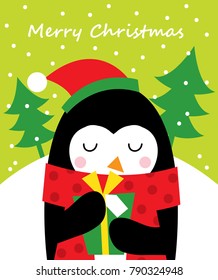 penguin and her christmas gift greeting card design