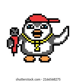 Penguin hip-hop artist in a red cap and gold chain with a microphone rapping, pixel art mc animal character on white. Old school retro 80s, 90s 8 bit slot machine, video game graphics. Music mascot.