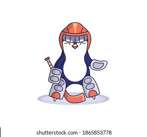 The Penguin is a hockey player. Cartoonish animal character on ice in a uniform. Good for sport designs, t-shirts, clothes, logos, ads etc. This emblem is a vector illustration