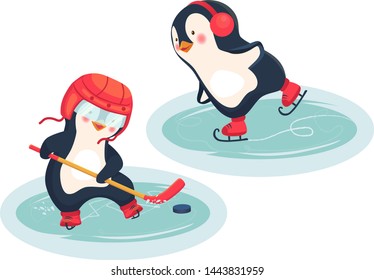 Penguin hockey player and penguin skater. Childrens sports concept. Active penguins. Vector illustration.