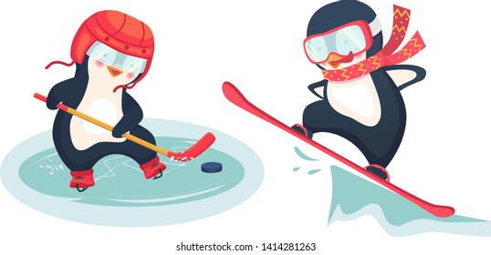 penguin hockey player and penguin snowboarder