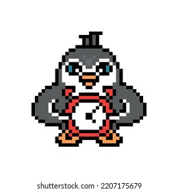 Penguin Holding An Alarm Clock, Cute Pixel Art Animal Character Isolated On White Background. Old School Retro 80s, 90s 8 Bit Slot Machine, Computer, Video Game Graphics. Cartoon Cameraman Mascot.