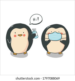 Penguin holding Alcohol and Put on a mask cartoon cute 