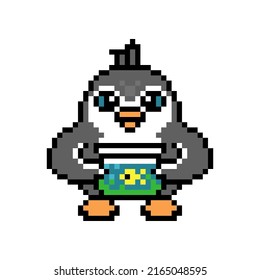 Penguin holding aquarium with a goldfish, pixel art animal character isolated on white background. Old school retro 80s, 90s 8 bit slot machine, video game graphics. Cartoon pet care mascot.