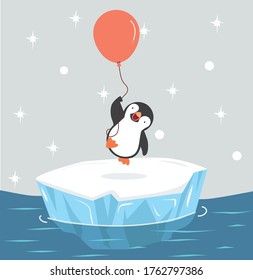penguin holding balloons on  Iceberg floating