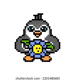 Penguin Holding A Big Blue Flower, Cute Cartoon Pixel Art Animal Character Isolated On White Background. Romantic Gift. Old School Retro 80s, 90s 8 Bit Slot Machine, Computer, 2d Video Game Graphics.